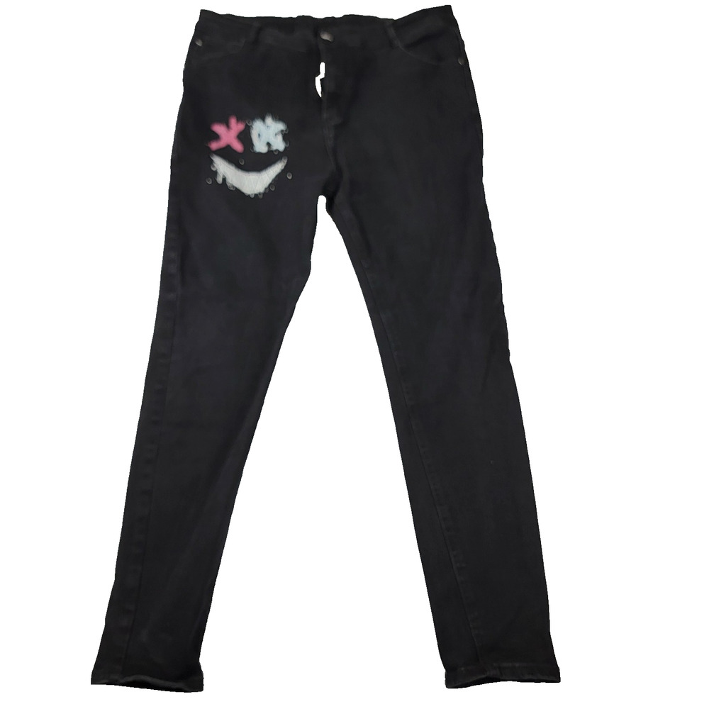 Men’s Black Skinny Jeans XL Painted Graphic Smiley Face Denim (1172)